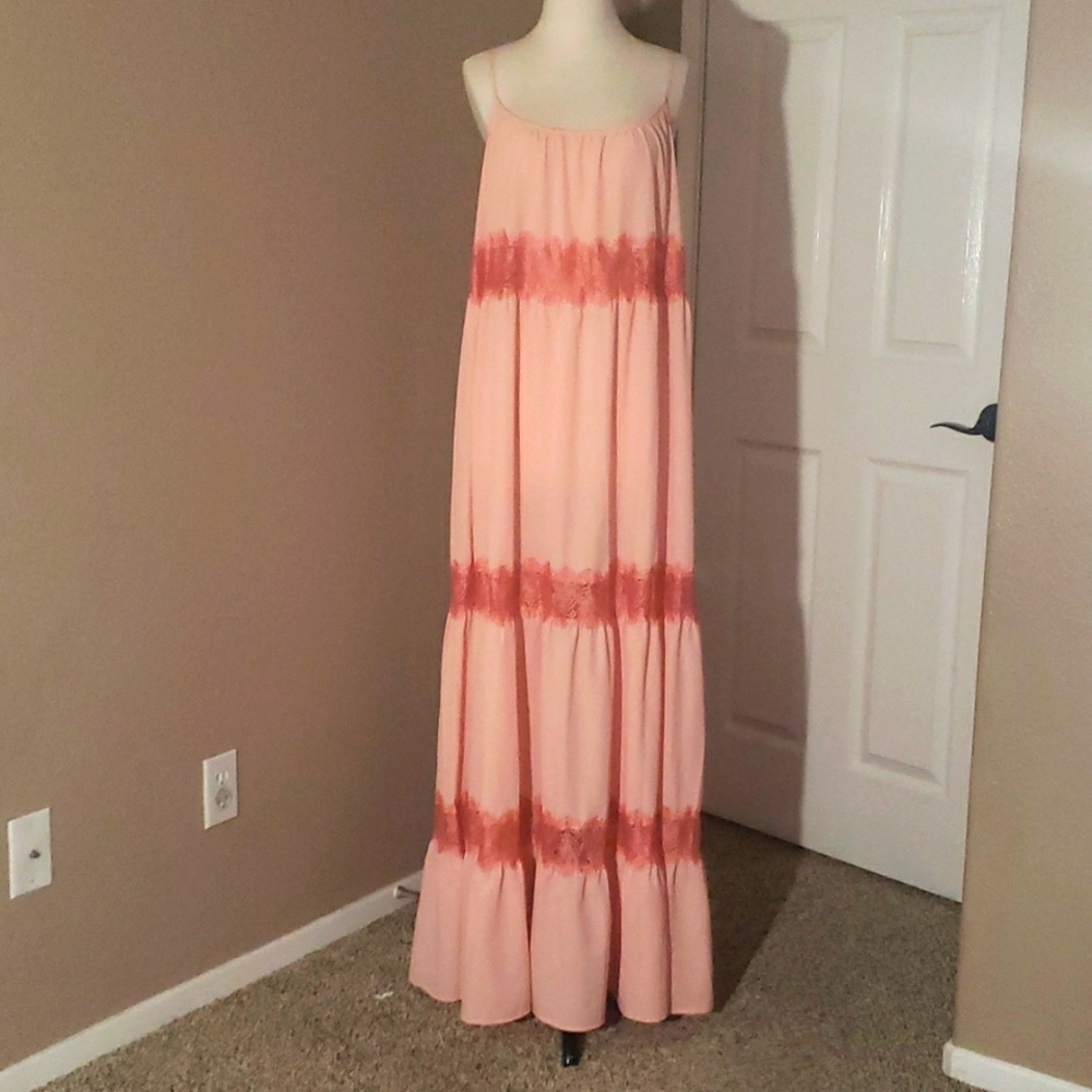 Super Cute! Vintage 70th 3 tier Free People Dress Coral- Peach lace Maxi Size SP